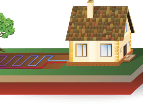 Diagram of a house receiving geothermal energy.